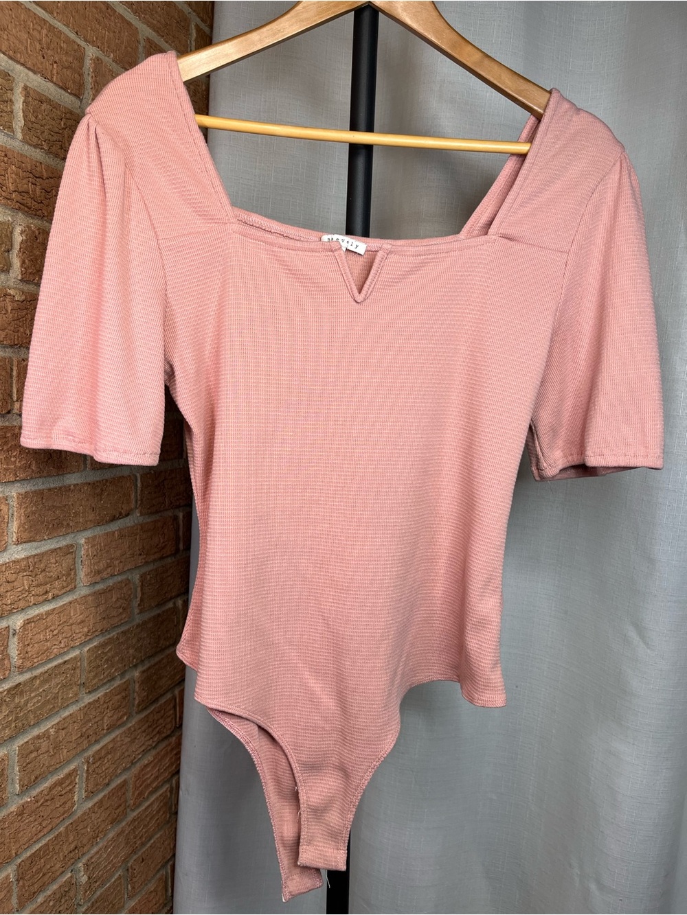 Beaevly Pink Ribbed Bodysuit XL Square Neck Puff Sleeve Cottagecore Coquette